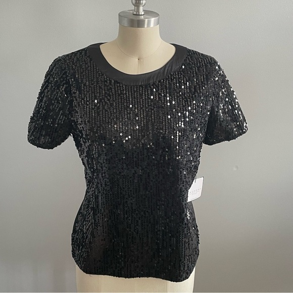 Laundry by Shelli Segal Sequin Black Short Sleeve Top- Size Small- NWT - Picture 2 of 7